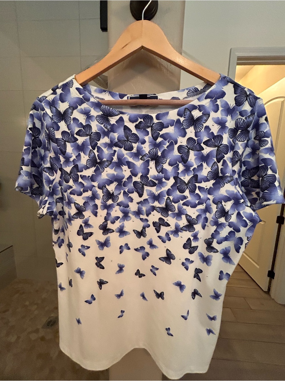 Karen Scott White Tee with Blue Butterfly Print
